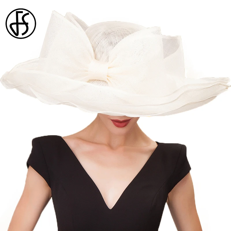 FS Winter Elegant Beige White Fascinators Hats Womens Linen Sinamay Hat Bowknot Large Brim Church Fedoras Chapeau Femme Mariage