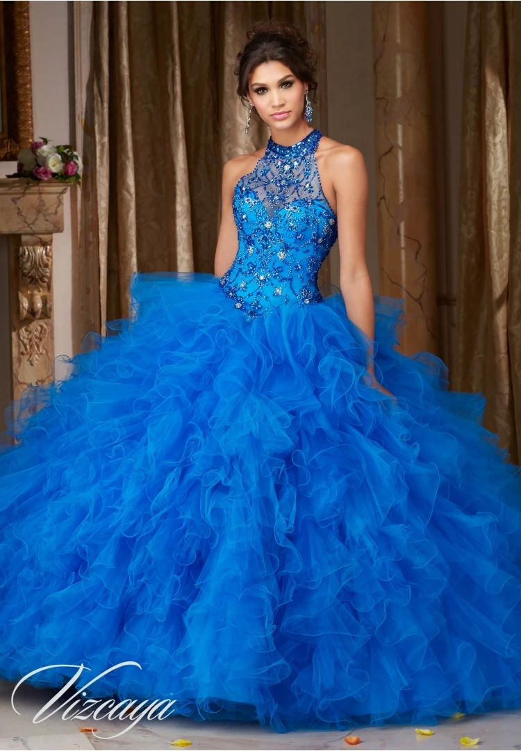 Повод королевский синий пышное платье с бусины раффлед сладкий 16 vestido дебютантка