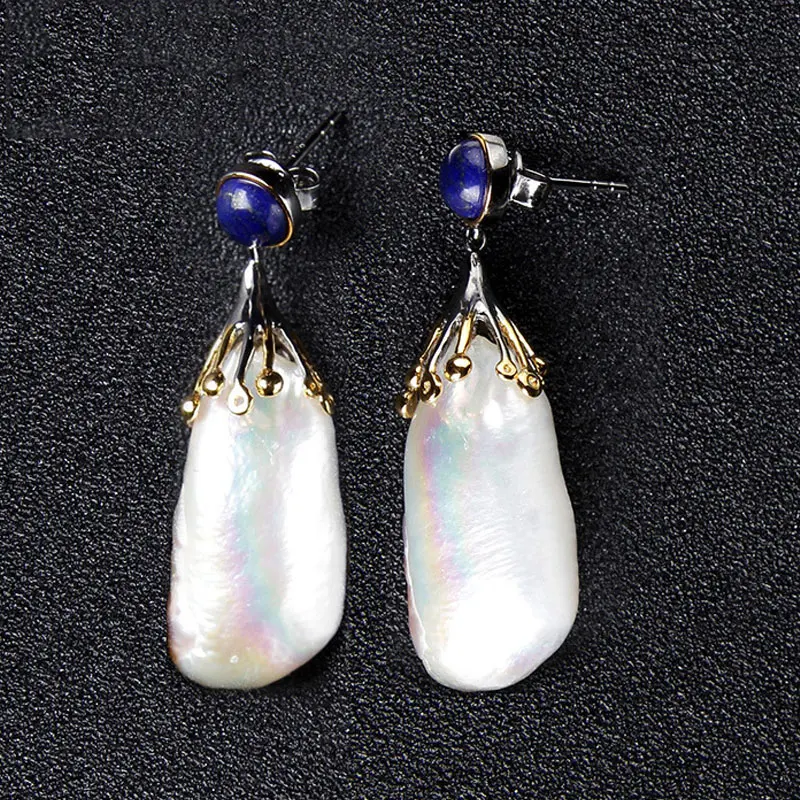 RADHORS Earring Genuine 925 Sterling Silver inlay 100% Natural Baroque pearl lapis earring Female luxurious Jewelry | Украшения и