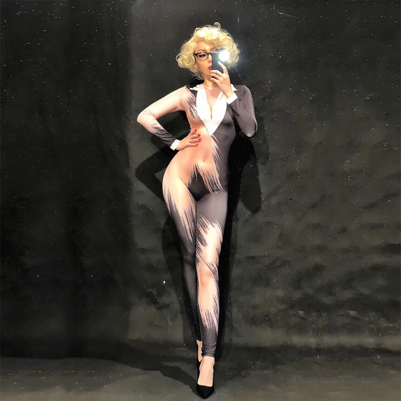 

Women Office Attire 3D Printing Sexy Jumpsuit Nightclub Party Bodysuit Stage Wear Dancer Singer Dj Ds Performance Clothing