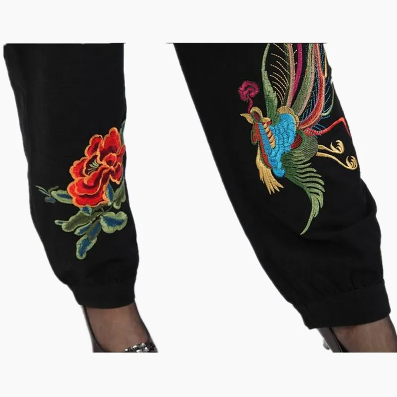 

Spring Summer Women Pants Embroidered Cotton Elastic Waist Bloomers Wide Leg Pants Long Plus Size Casual Pants Women