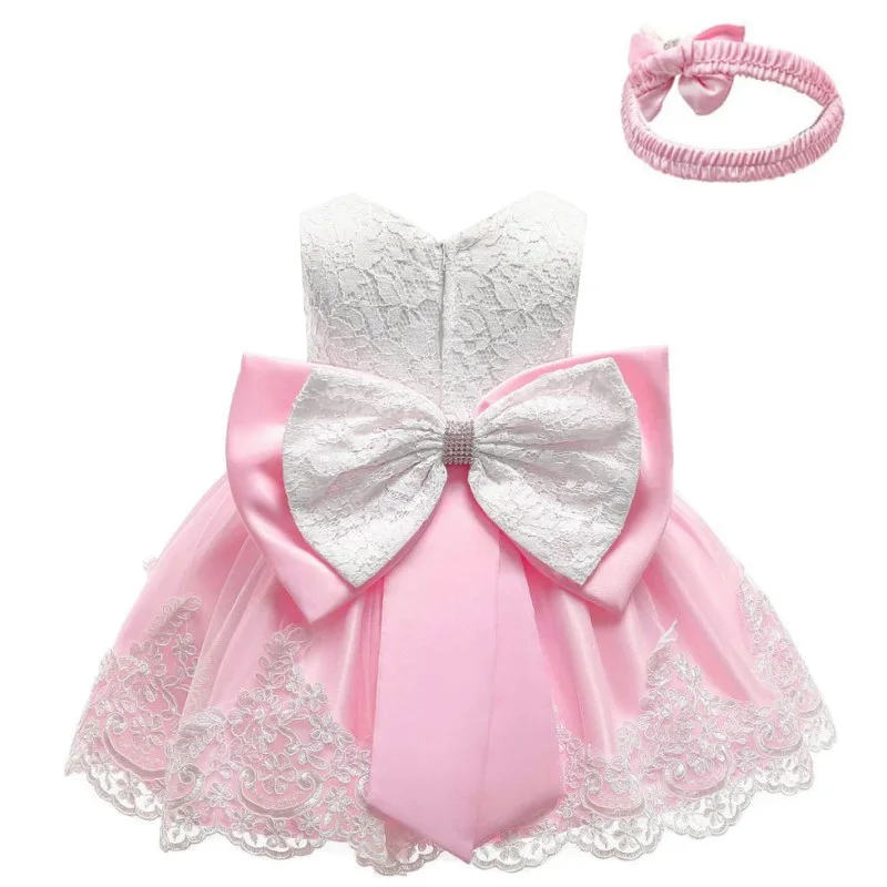 Pink Новинка; модное торжественное свадебное платье для новорожденных; платье с бантом для маленьких девочек; платье для дня рождения; платье для крещения; одежда для малышей 1 года - Цвет: Pink