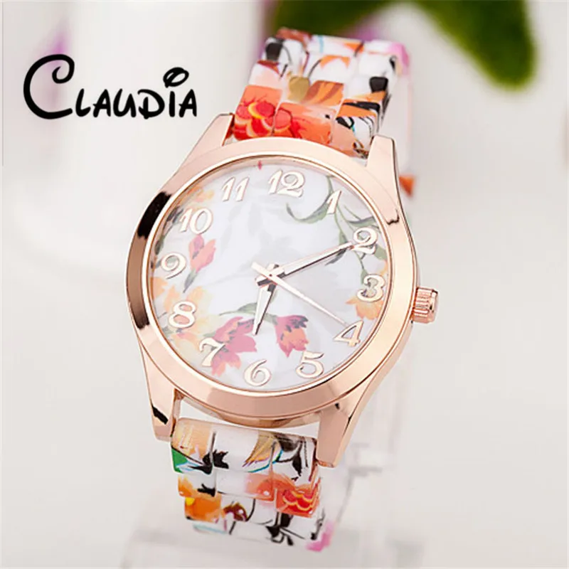 2019 хит! Модные женские часы Reloj с цветочным принтом розы силиконовые для девочек