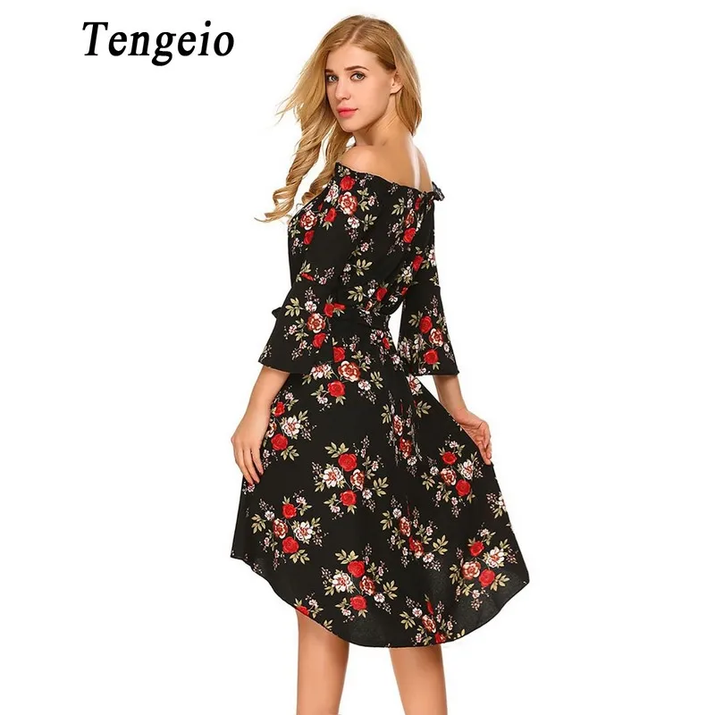 Tengeio Лето Для женщин Boho Цветочные с открытыми плечами платье 3/4 Flare рукавом