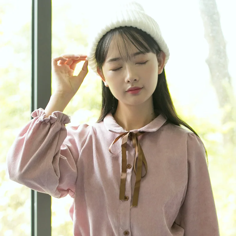 

Ladies Plain Bow Tie Corduroy Shirt Women's Shirts Japan Kawaii Female Korean Punk Harajuku Clothing For Women Vintage