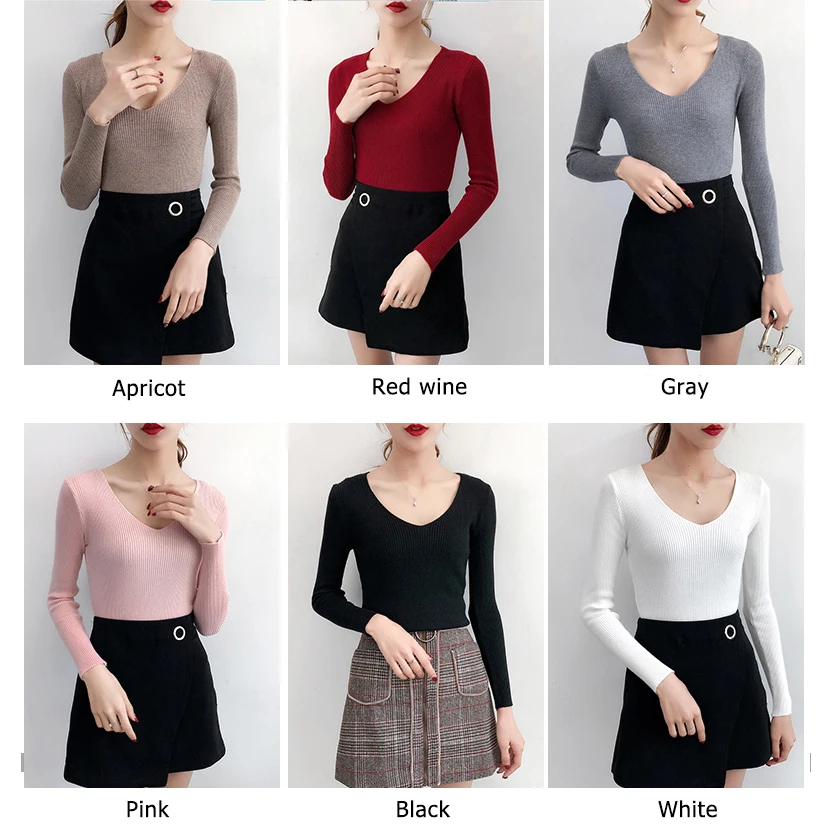 Женский свитер облегающий эластичный с треугольным вырезом 2019 | Женская одежда