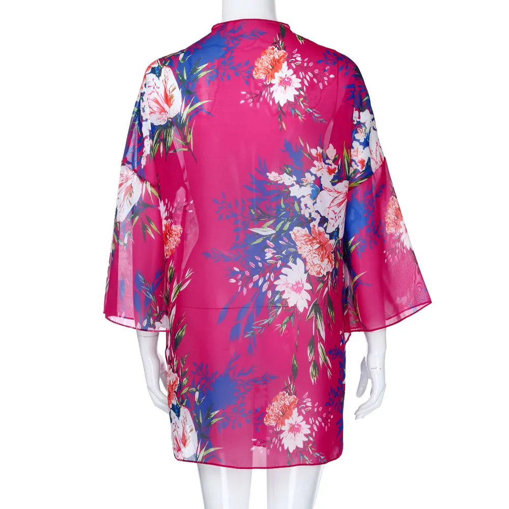 

Women Blouses Long Sleeve Fashion Flower Print Chiffon Coat Tops Suit Bikini Swimwear Beach Dobby Swimsuit Smock Regular