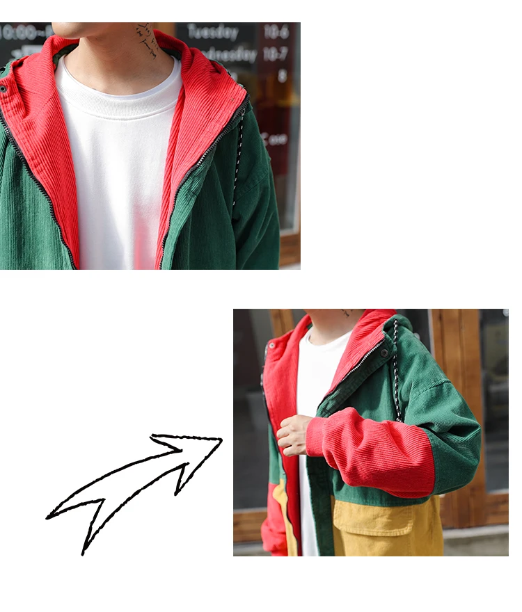 

XingDeng Hip Hop Hoodies top comfortable Fashion Jackets Men Color Block Patchwork Corduroy Hooded Coats Male Casual Streetwear