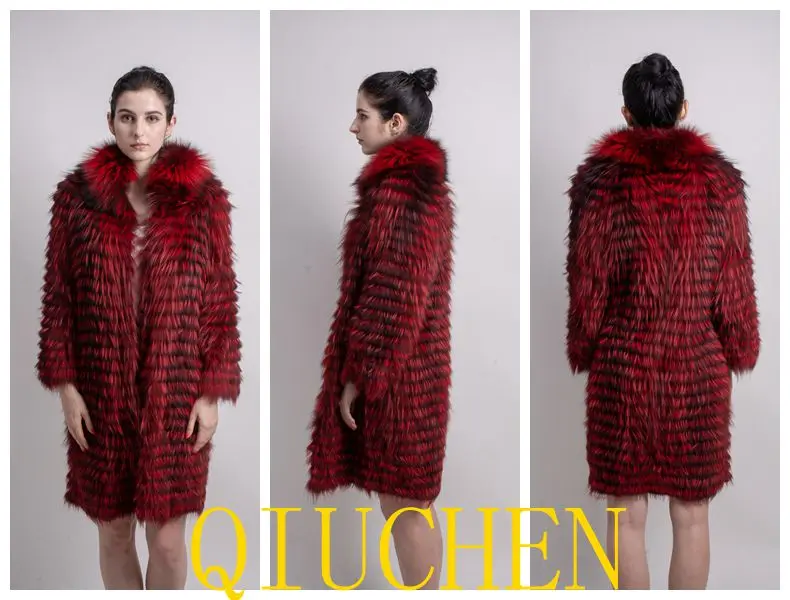 QIUCHEN PJ8141Real шубы из натурального меха лисы Модная Меховая куртка стильное пальто в полоску Женская верхняя одежда из лисьего меха