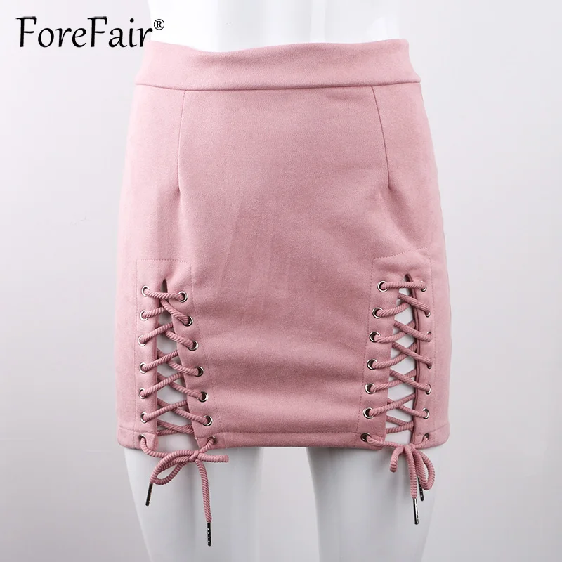 Forefair замшевые кожаные юбки женские s осень зима черная юбка женская Винтажная с высокой талией на шнуровке мини-юбка - Цвет: Розовый