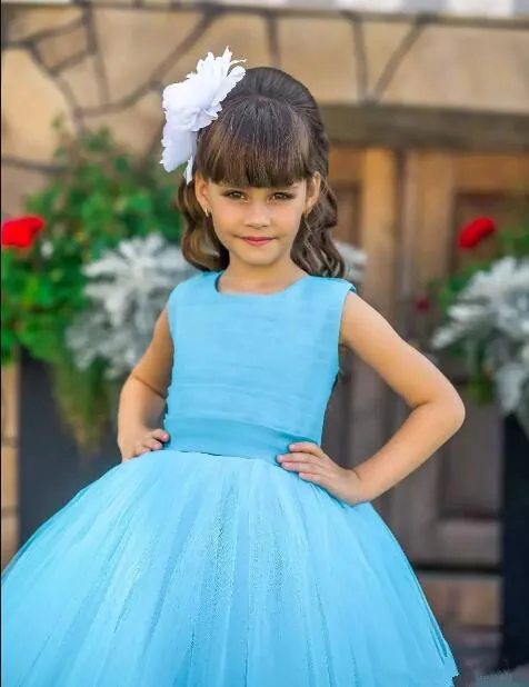 New Blue Puffy Tulle Flower Girl Dress for Wedding Little Pageant Dresses with Belt Customized Kids Prom Cheap Price | Детская одежда и