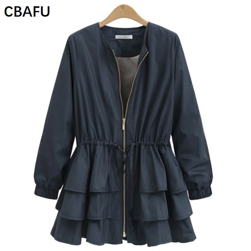 CBAFU M-XXXL, плюс большой размер, Женская Осенняя зимняя куртка, длинный рукав, эластичный пояс, подиумное пальто, многослойные, свободные, одноцветные топы, X111 - Цвет: dark blue