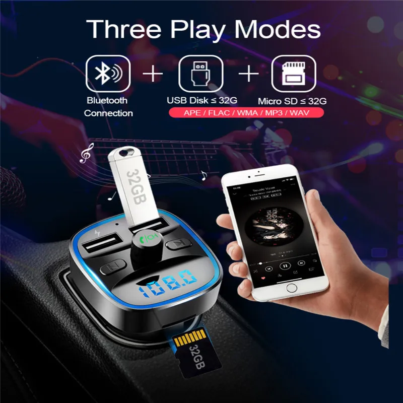 Автомобильный трансмиттер FM-модулятор MP3-плеер беспроводной Bluetooth два USB-порта