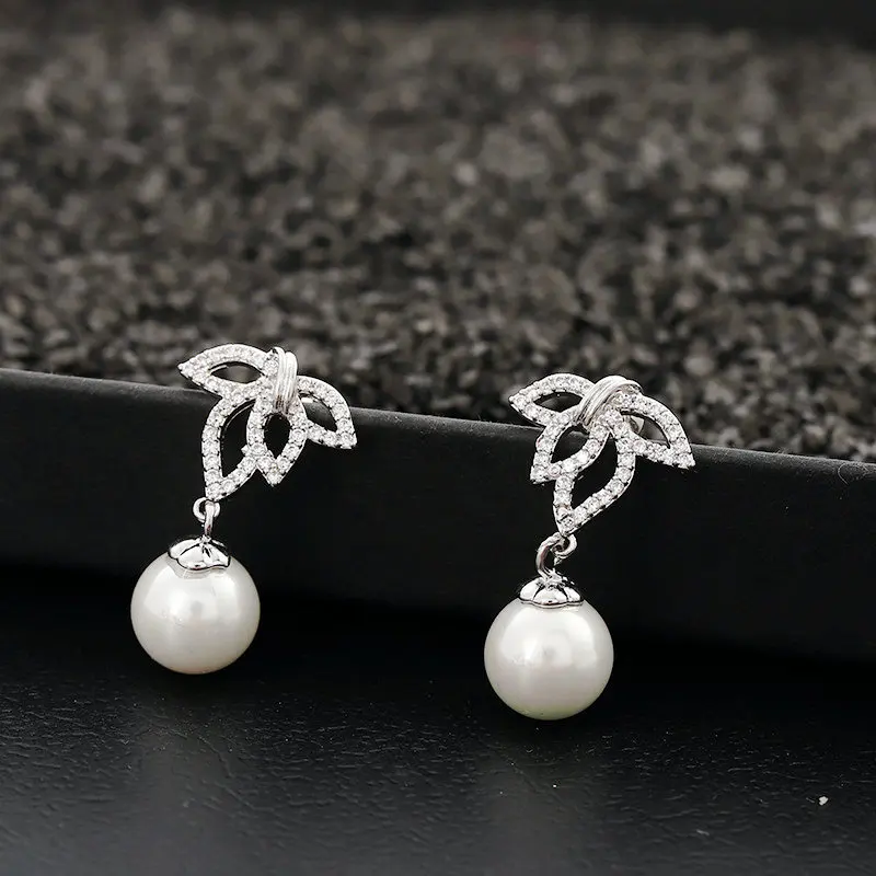 Sinzry cubic zirconia simulated pearl leaf stud earrings lady sweety trendy costume jewelry gift | Украшения и аксессуары
