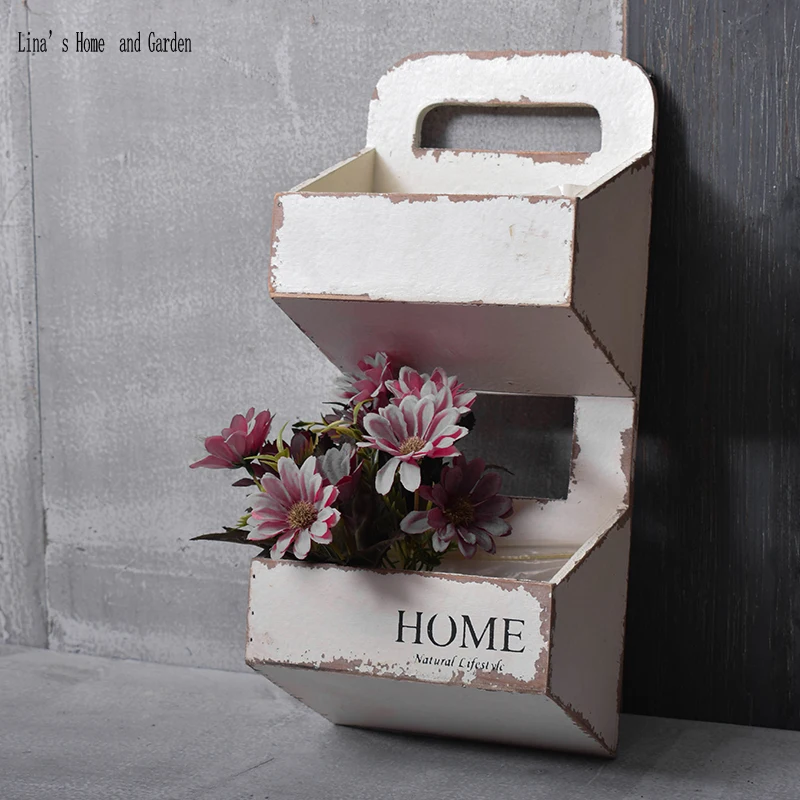 

2 tier shabby chic white wood handmade indoor wall hanging planter
