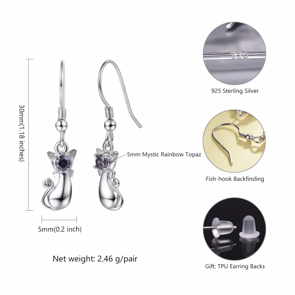 SILVERCUTE Cat Kitty Висячие серьги для женщин 925 стерлингового серебра Радуга Топаз крюк
