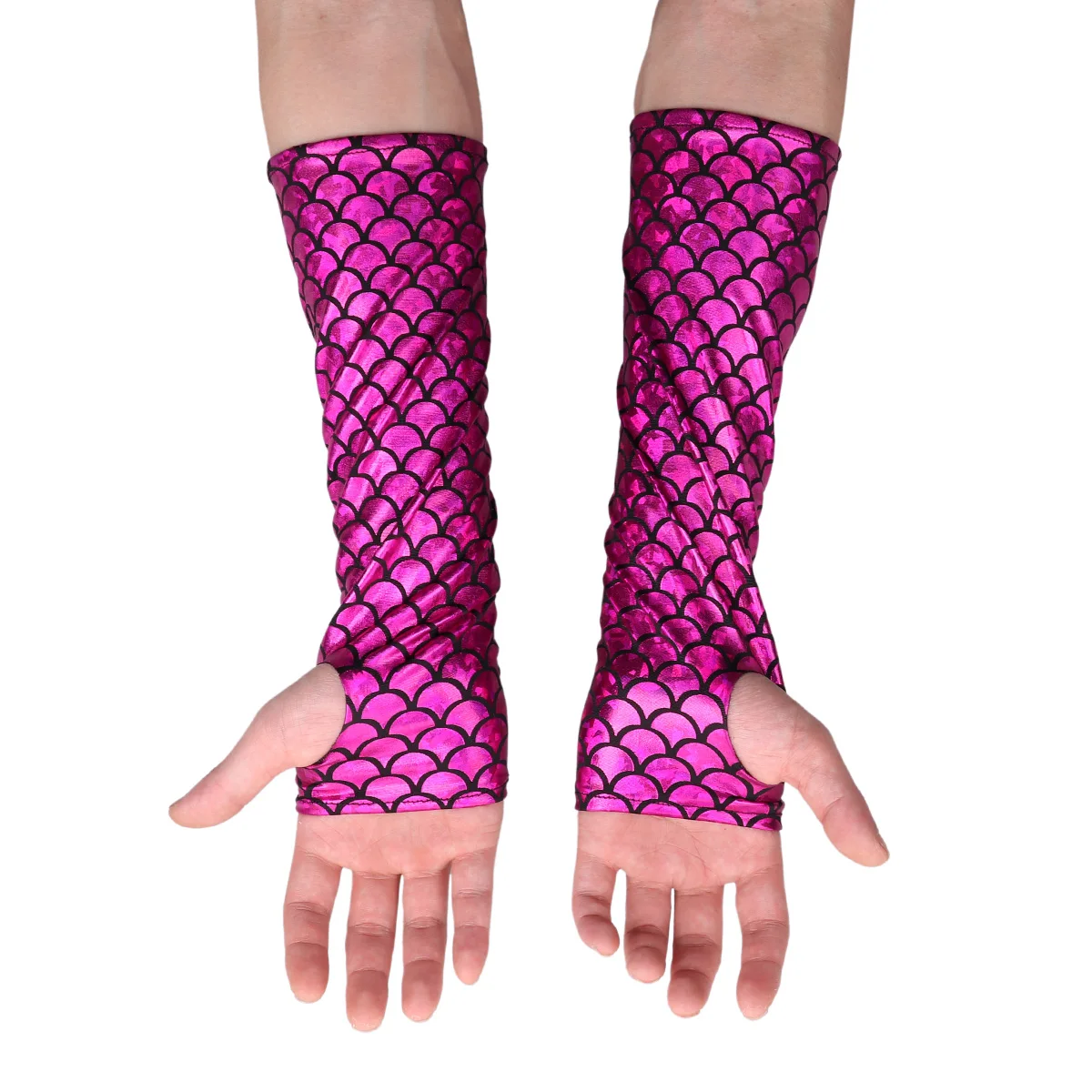 Adult Mermaid Arm Sleeves Gloves Fish Scale Pattern Printed Fingerless Long Gloves Arm Sleeves Halloween Costume Accessory
