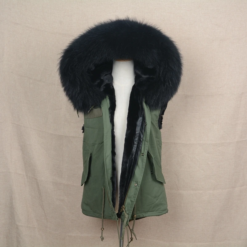 Jancoco Max новый зеленый жилет черная подкладка с настоящим воротники из меха енота