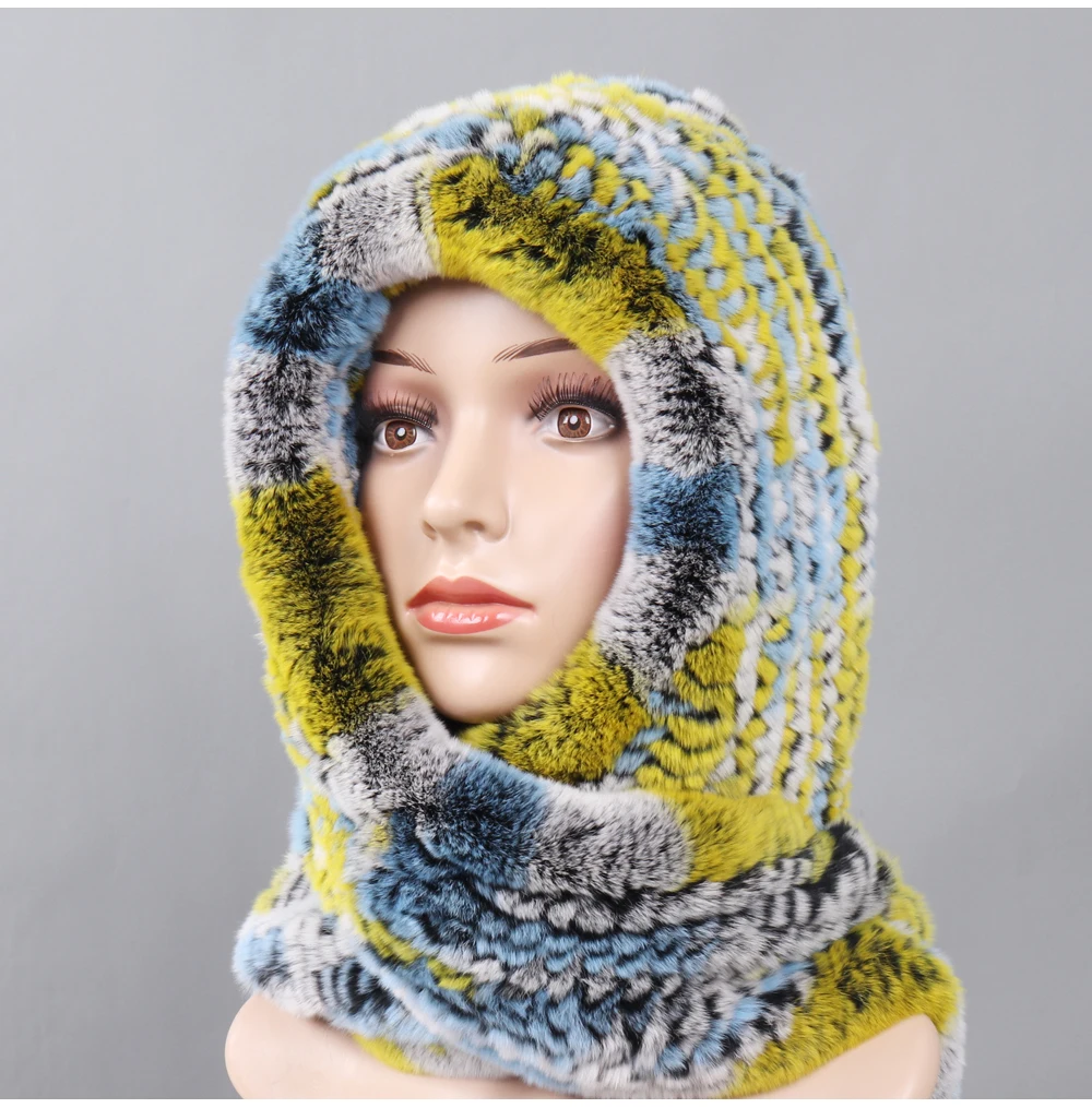 Новые русские женские шарфы с капюшоном из меха кролика рекс женские зимние теплые настоящий мех кролика шапки шарф вязаные шапки из натурального меха