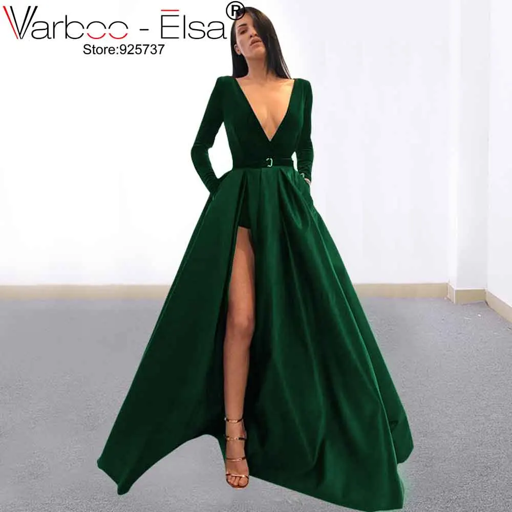 as pic VARBOO_ELSA сексуальное вельветовое платье с глубоким v-образным вырезом и длинным рукавом для выпускного вечера длинное платье для выпускного вечера es с высоким разрезом, Африканское Бордовое платье для выпускного вечера для девушек - Цвет: as pic