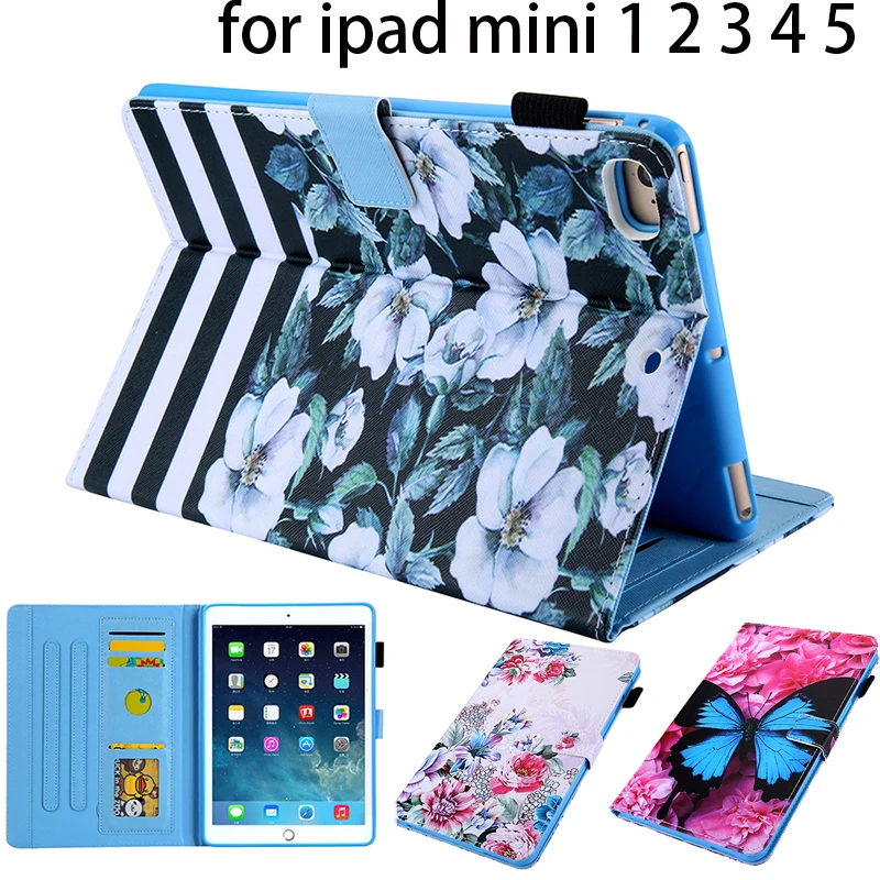 Чехол подставка для ipad mini 5 Mini4 2 футляр с кармашком карт цветком бабочкой слоном и