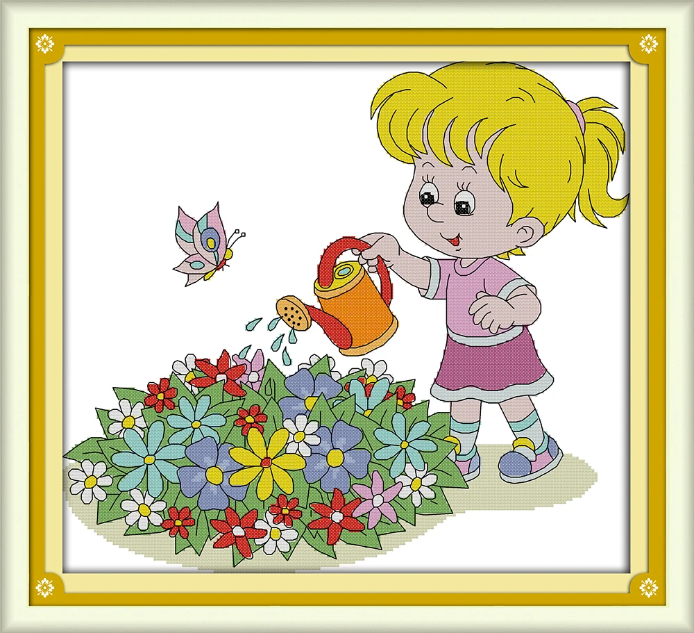 

The little girl watering flowers cross stitch kit bird 14ct Pattern printed DMC embroidery handmade needlework craft supplies