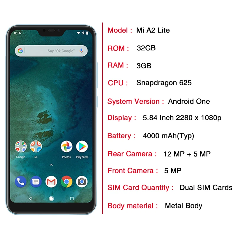 В наличии глобальная версия Xiaomi Mi A2 Lite 3 ГБ 32 Snapdragon 625 Восьмиядерный 5 84 дюйма 19:9