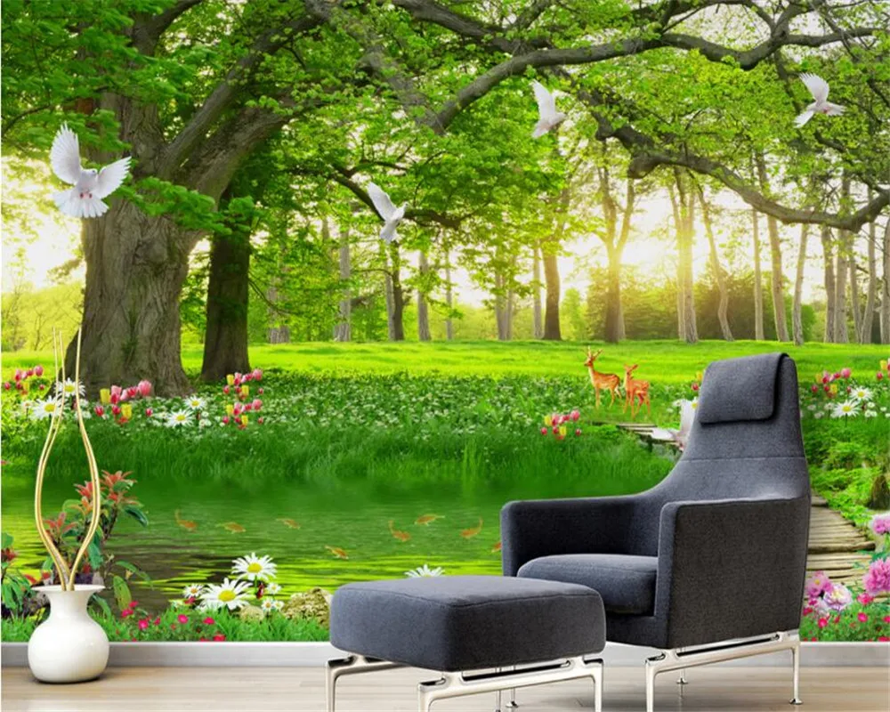 Обои на заказ обои тему природы зеленый большой лес олень голубь фотообои фрески