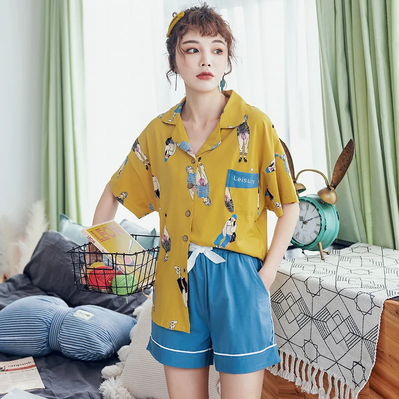 

full pure cotton sweet love sleepwear women shorts pajama sets Japanese casual short sleeves Korea Cute freshly women homewear