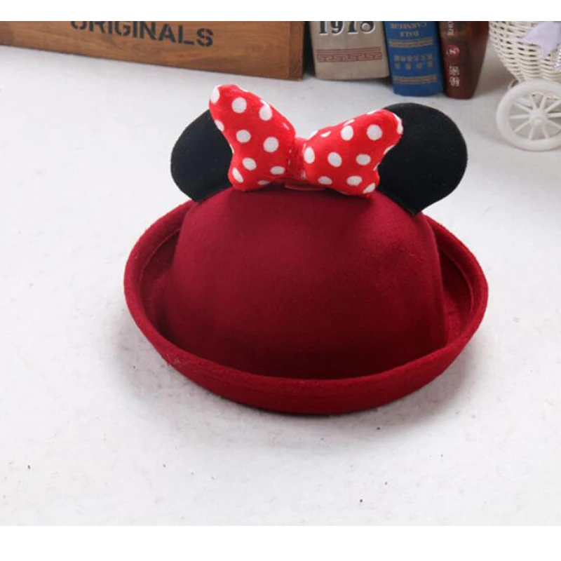 Мода Мультфильм Микки Шляпа Для Детей Бантом Шерстяного Войлока Fedora Шляпу Милый