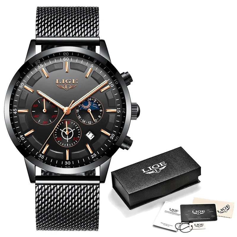 M Gold Black LIGE часы для мужчин лучший бренд класса люкс Хронограф Мужские спортивные часы кварцевые часы из нержавеющей стали водонепроницаемые мужские часы Relogio Masculino - Цвет: M Gold Black