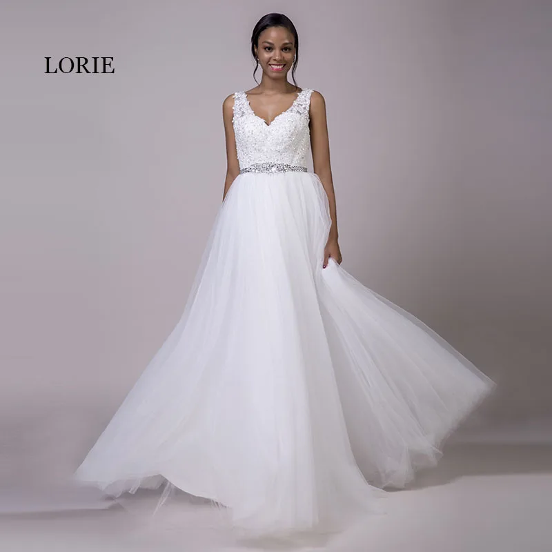 LORIE/большие размеры, кружевные свадебные платья, белые фатиновые Свадебные платья трапециевидной формы с v-образным вырезом и бусинами