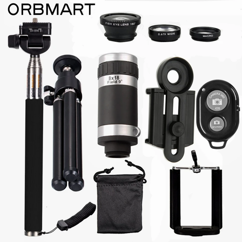Набор объективов для фотоаппарата ORBMART Телескоп 8X + объектив рыбий глаз 3 в 1