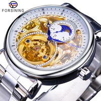forsining 2019 white golden skeleton wrist watches blue hands silver stainless steel men mechanical watch waterproof design