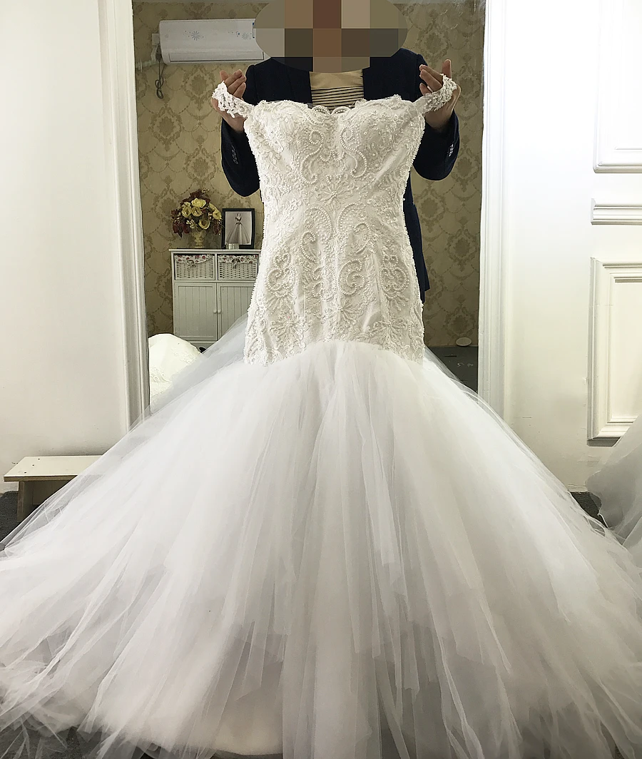 Женское свадебное платье с юбкой годе невесты открытыми плечами и кружевными