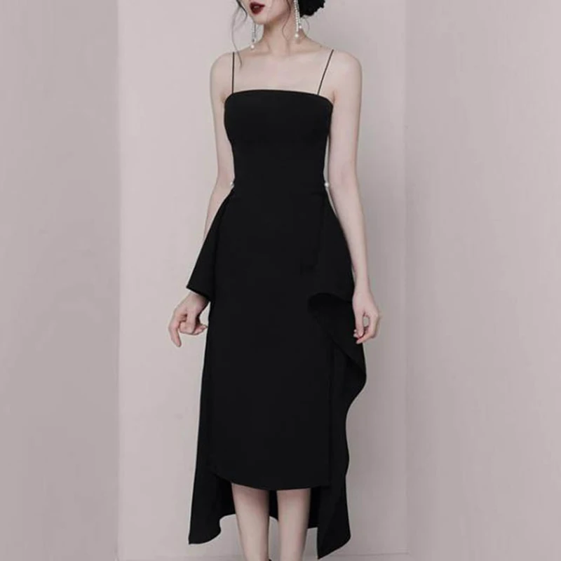 Elegant Black Cami Dress Knee Length Mid Slim Fit Spaghetti Strap 2019 Summer Women Slash Neck Beading Irregular Dresses | Женская