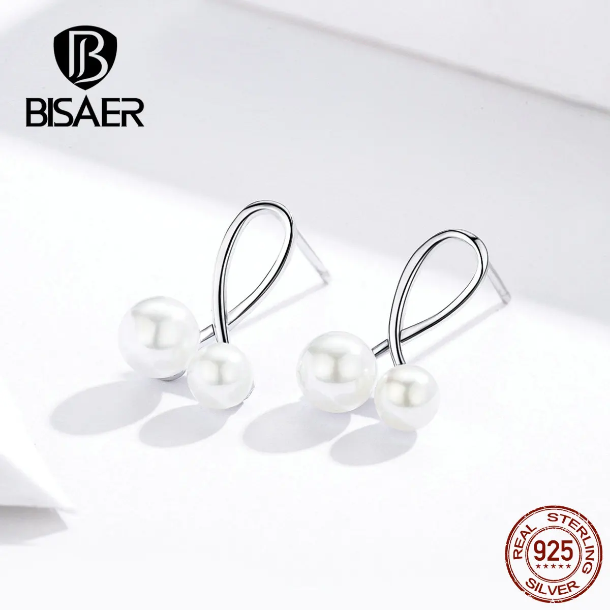BISAER 925 пробы серебряные милые кошечки колокольчики-серьги Элегантные серьги с жемчугом в Корейском стиле элегантные серьги для женщин GXE628