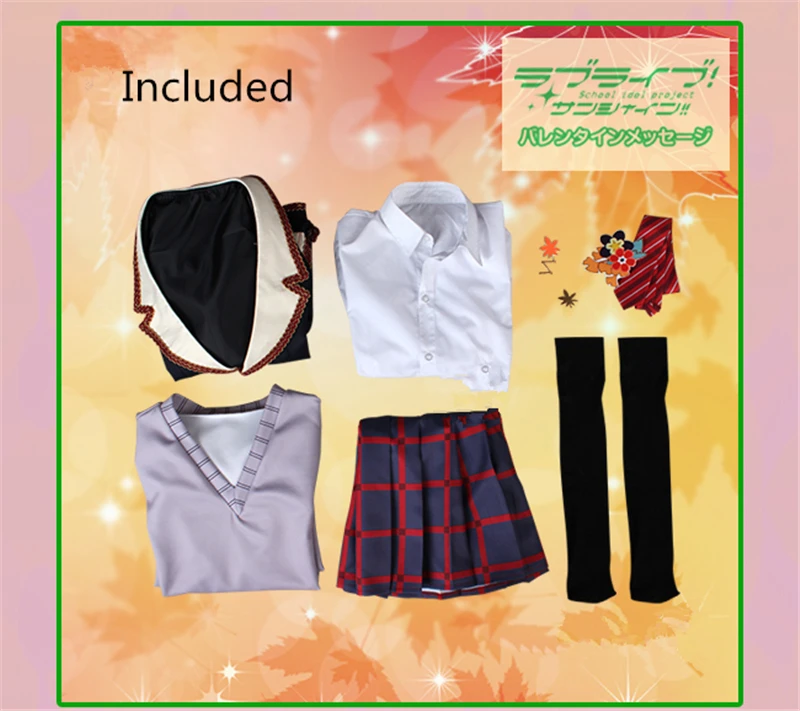 

Anime Love Live Sunshine Aqours Matsuura Kanan Red Autumn Maple Leaves All Member Uniforms Summer Dress Suits Cosplay Costume