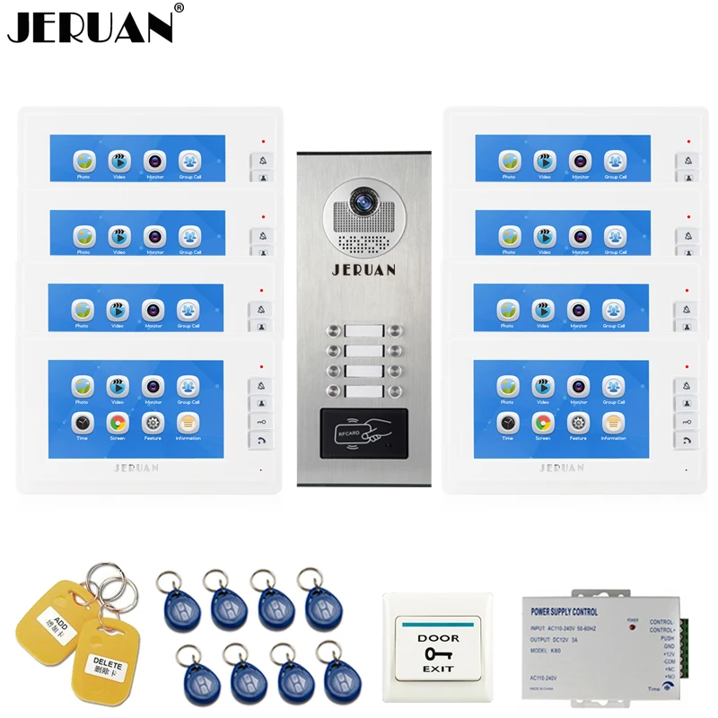 JERUAN 7 ''ЖК видеодомофон для домофона Система записи rfid доступа комплект