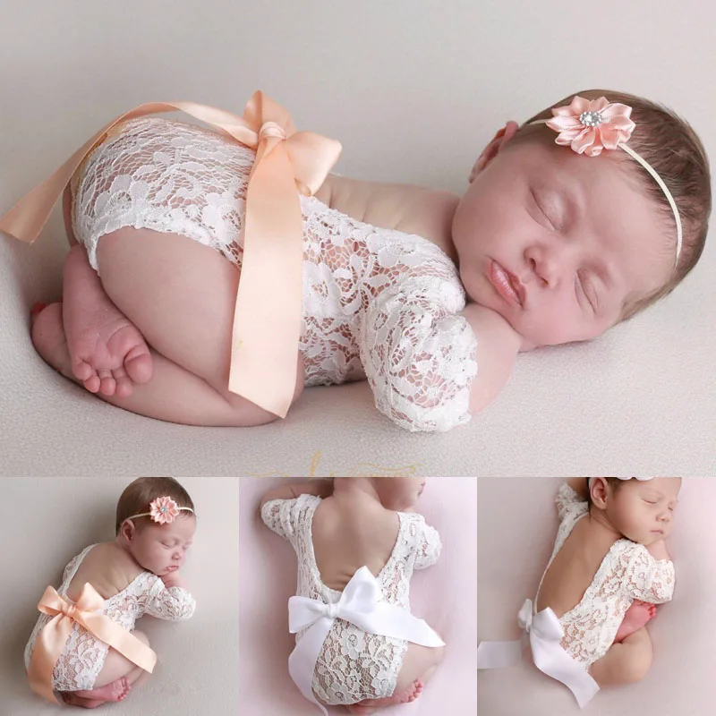 Emmaaby/; кружевная одежда для фотосъемки новорожденных; комбинезон с v-образным вырезом на спине и бантом; Набор для волос из двух предметов; реквизит для фотосессии на день рождения; Новинка