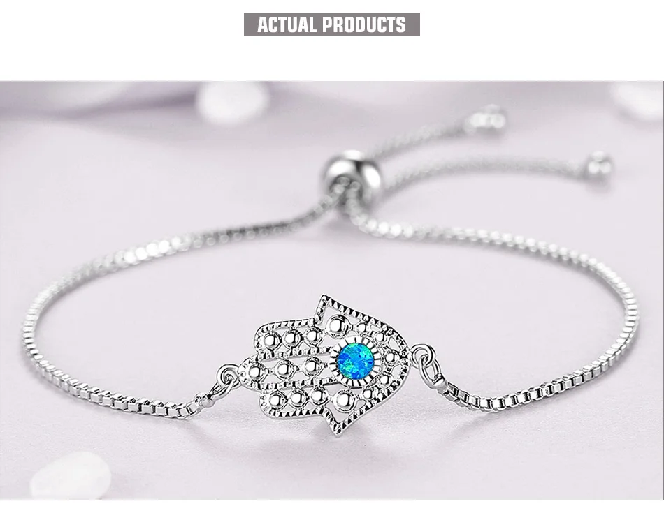 Синий кристалл из опала Lucky Eye& Hamsa браслет серебряный шарм браслет рука Фатимы регулируемый браслет для женщин модные ювелирные изделия