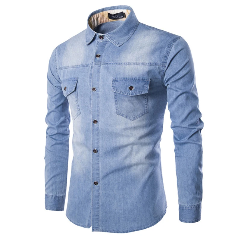 Рубашка мужская однотонная из денима брендовая сорочка с длинным рукавом