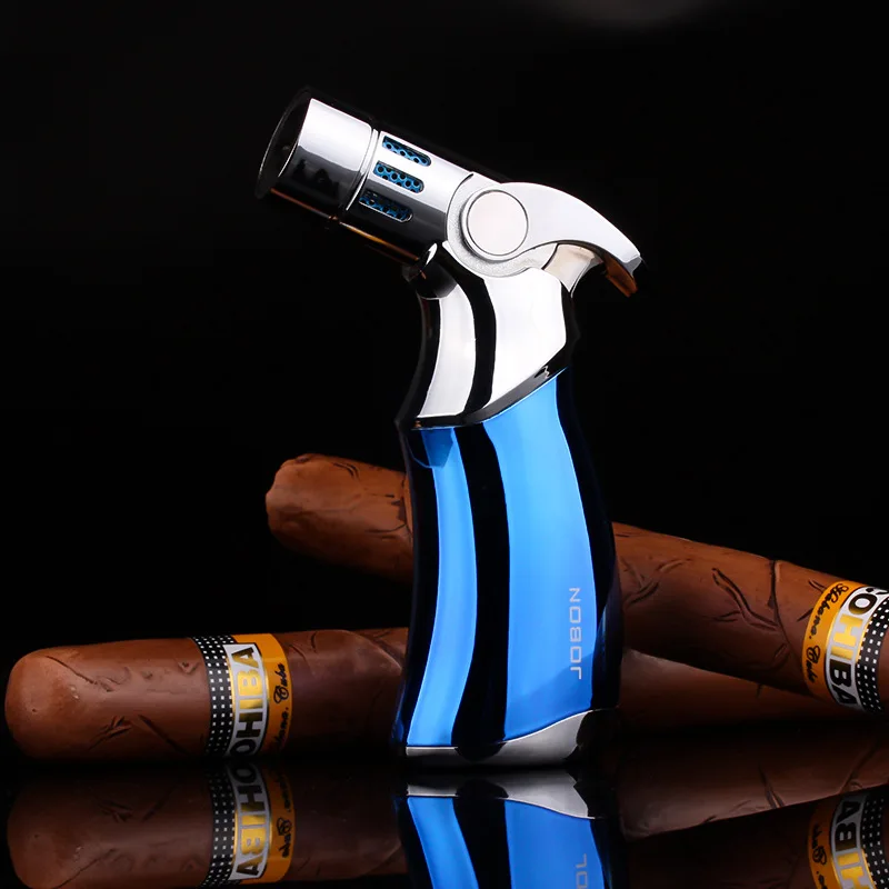 Blue Фонарь для барбекю с 4 насадками, турбо Зажигалка для сигар, распылитель, струйная Бутановая трубка, зажигалка для кухонной сигареты, 1300 C, ветрозащитная металлическая, без газа - Цвет: Blue
