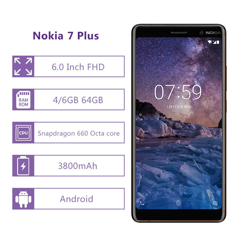 Nokia 7 Plus Android мобильный телефон 6," FHD Snapdragon 660 Восьмиядерный мобильный телефон 3800 мА/ч, 4/6 ГБ Оперативная память 64 Гб Встроенная память 4 аппарат не привязан к оператору сотовой связи NFC Смартфон