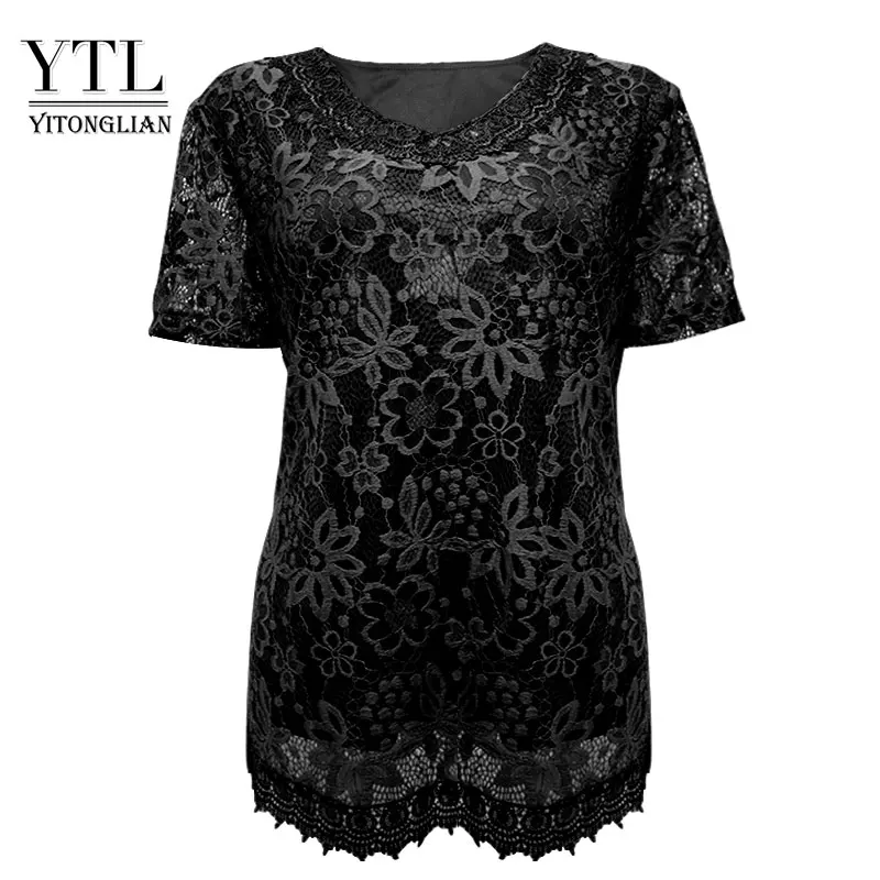 Black Short Sleeve Женские футболки размера плюс, элегантные, с длинным рукавом, с цветочным кружевом, черного цвета, женские футболки 6XL 7XL 8XL H009 - Цвет: Black Short Sleeve