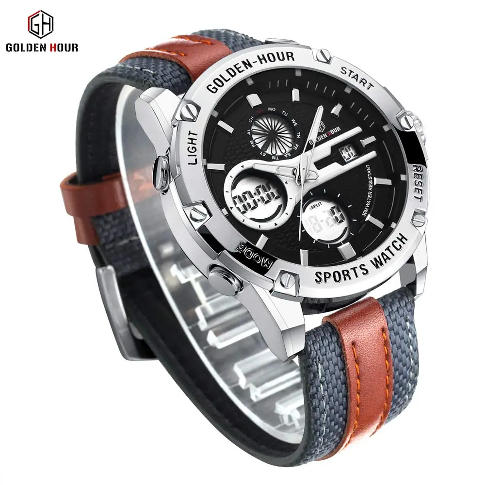 Модные GOLDENHOUR цифровые часы Для мужчин Dual Time Дисплей холст нейлон группа светодио дный сигнализация календарь часы Водонепроницаемый бренд класса люкс