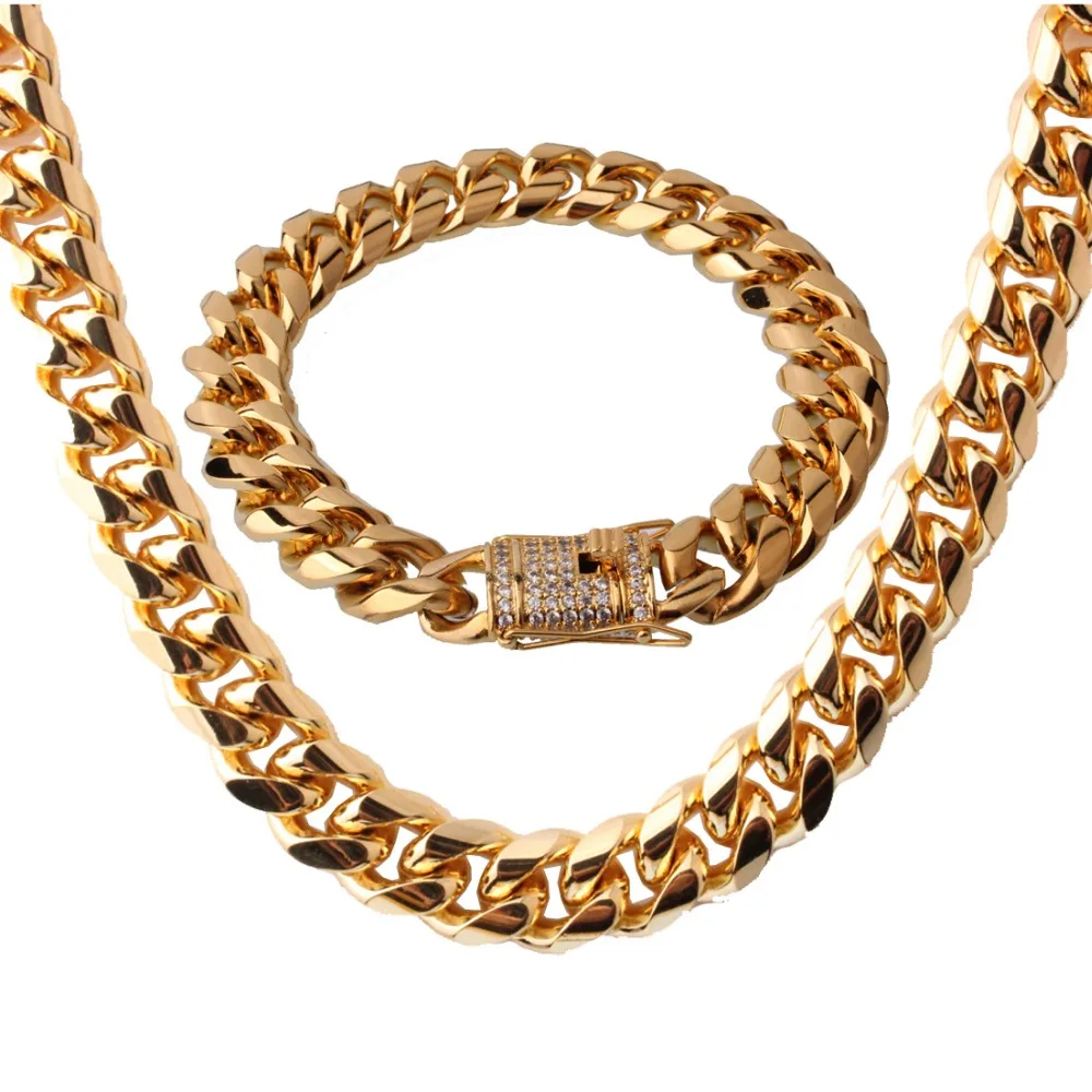 

Fashion Jewelry 316L Stainless Steel Gold Maimi Cuban Curb Link Chain Mens Womens Necklace 24" And Bracelet 8.66" New Gift 15MM