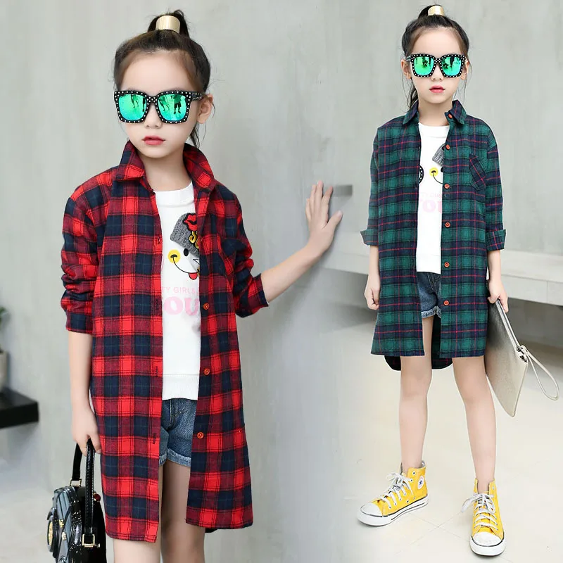 Клетчатая рубашка для больших девочек от 5 до 16 лет Осенняя длинная одежда блузка