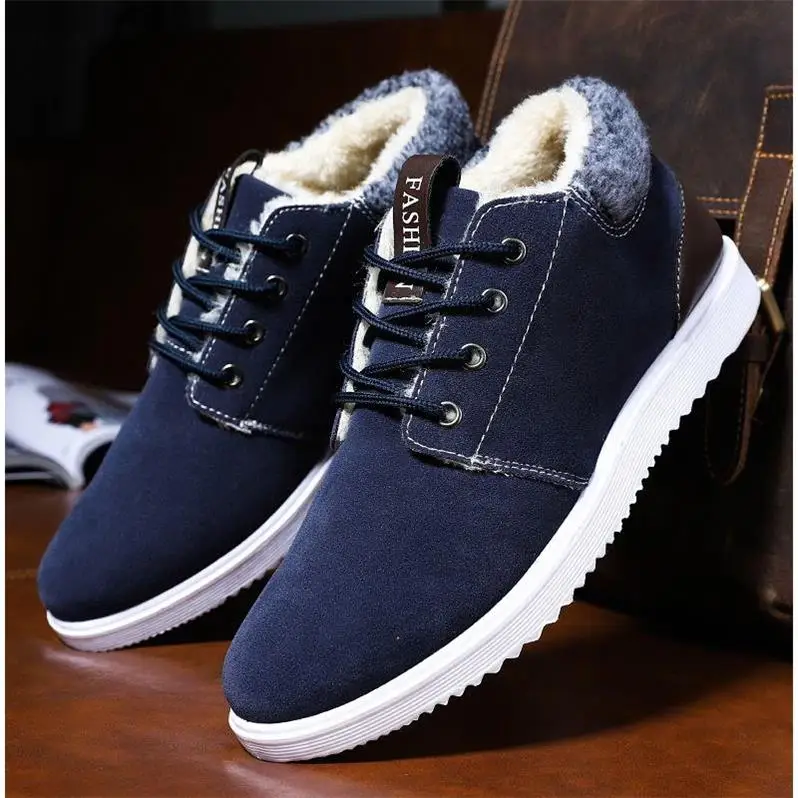Синий Mens Winter Shoes Casual Plus Velvet Thickening Lace Up Men's High Top Warm Shoes Solid Waterproof Fur Sneakers for Mens - Цвет: Синий