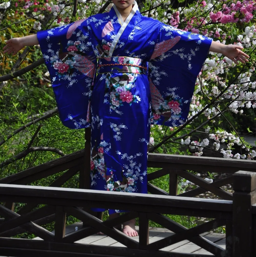 Темно синее женское японское кимоно винтажный юката костюм хаори платье гейши